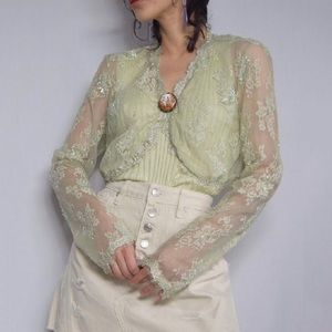 Sutton Studio green lace cropped long sleeve bolero cardigan shrug with sequins